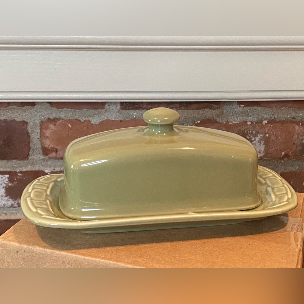 Longaberger Pottery Butter Dish Sage Green Vintage Hardly Used EEUC